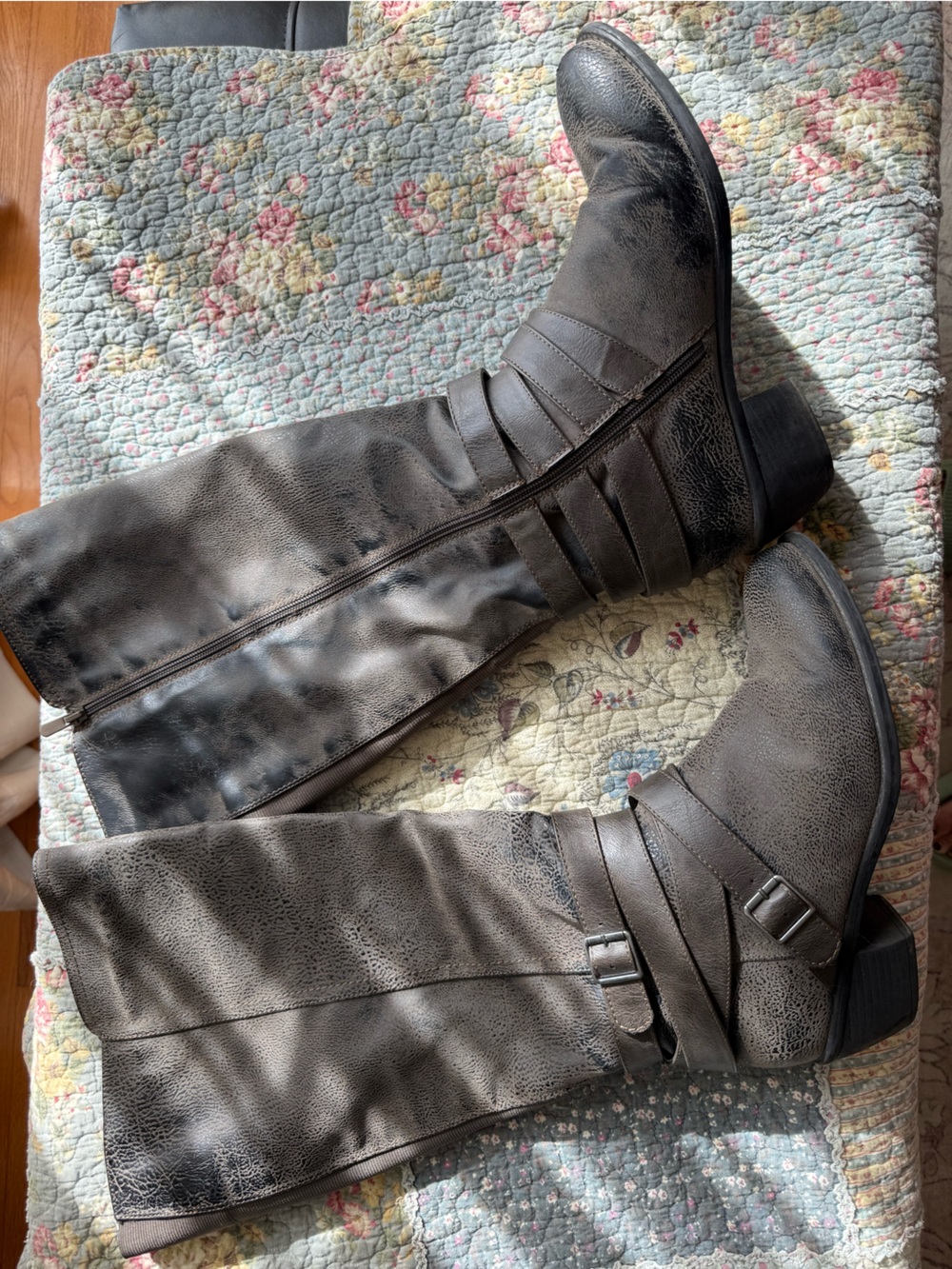 Women's Tall Gray Knee-High Riding Boots with Decorative Straps. WIDE CALF